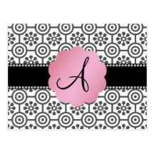 Monogram black and white flowers postcards