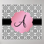 Monogram black and white flowers poster