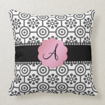 Monogram black and white flowers throw pillow