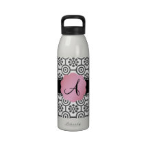 Monogram black and white flowers water bottles