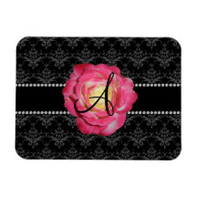 Monogram black damask pink rose magnets
