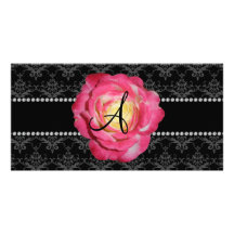 Monogram black damask pink rose personalized photo card
