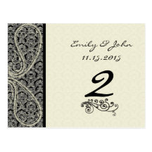 Monogram Black Damask Wedding Table Number Cards Postcards