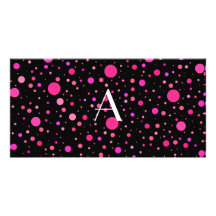 Monogram black pink polka dots photo card