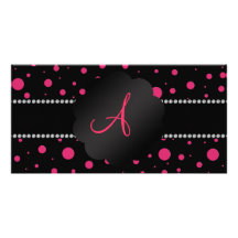 Monogram black pink polka dots picture card