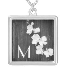Monogram Black & White Orchids & Barnwood Necklace