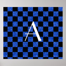 Monogram blue and black glitter checkered print
