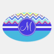 Monogram Blue Aztec Andes Chevron Zig Zags Oval Stickers