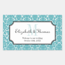 Monogram blue damask frame out of town gift bag stickers