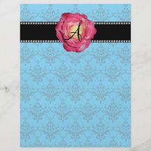 Monogram blue damask pink rose personalized flyer