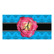 Monogram blue damask pink rose photo greeting card