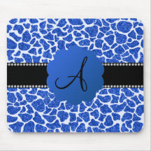 Monogram blue glitter giraffe print mousepad