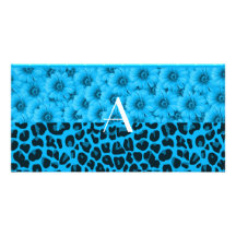 Monogram blue leopard flowers glitter diamonds custom photo card