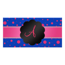 Monogram blue pink polka dots custom photo card