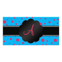 Monogram blue pink polka dots photo greeting card