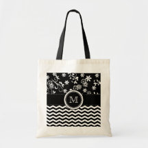 Monogram Chevron and Foral Pattern Tote Bag