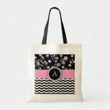 Monogram Chevron and Foral Pattern Tote Bag