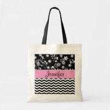 Monogram Chevron and Foral Print Pattern Tote Bag
