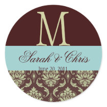 Monogram Damask Brown Blue Wedding Seal Round Sticker