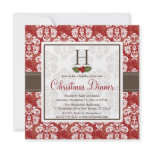 Monogram Damask Holly Berry Christmas Dinner Invit Personalized Announcement