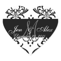 Monogram Damask Wedding Favour Sticker Heart Shape