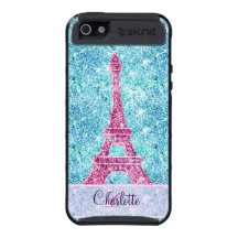 Monogram Girly Pink Eiffel Tower Teal Glitter iPhone 5 Cases