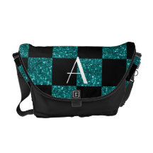 Monogram glitter turquoise and black checkered messenger bag