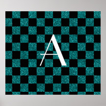 Monogram glitter turquoise and black checkered posters