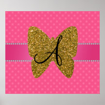 Monogram gold butterfly pink polka dots poster