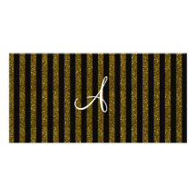 Monogram gold glitter stripes photo card