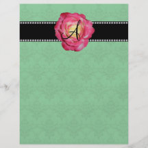 Monogram green damask pink rose full color flyer
