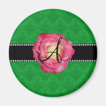 Monogram green damask pink rose magnets