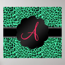 Monogram green leopard pattern poster