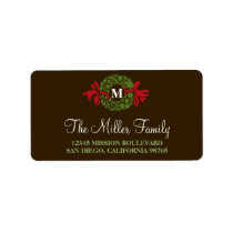 Monogram green wreath brown holiday return address custom address labels