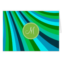 Monogram Groovy Blue Green Rainbow Slide Stripes Card