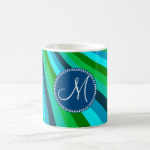 Monogram Groovy Blue Green Rainbow Slide Stripes Mugs