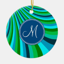 Monogram Groovy Blue Green Rainbow Slide Stripes Christmas Ornaments