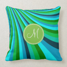 Monogram Groovy Blue Green Rainbow Slide Stripes Throw Pillow