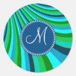 Monogram Groovy Blue Green Rainbow Slide Stripes Stickers