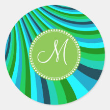 Monogram Groovy Blue Green Rainbow Slide Stripes Stickers