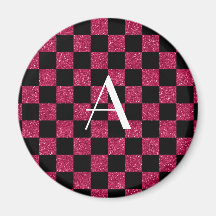 Monogram hot pink and black glitter checkered refrigerator magnet