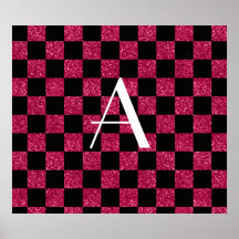 Monogram hot pink and black glitter checkered print