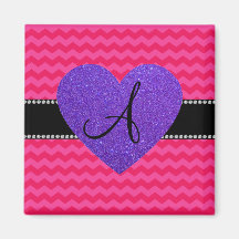 Monogram hot pink chevrons purple glitter heart refrigerator magnet