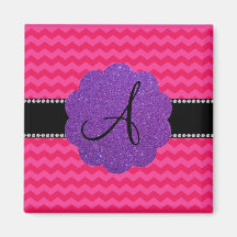 Monogram hot pink chevrons purple glitter scallop magnet