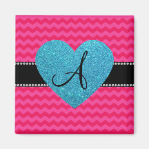Monogram hot pink chevrons turquoise glitter heart fridge magnet