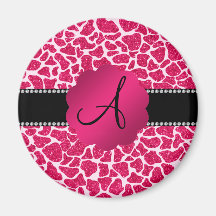 Monogram hot pink glitter giraffe print refrigerator magnets