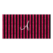 Monogram hot pink glitter stripes customized photo card