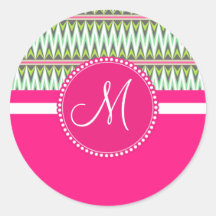 Monogram Hot Pink Green Aztec Andes Tribal Zig Zag Round Sticker