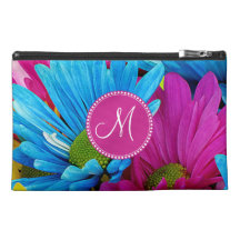 Monogram Hot Pink Teal Blue Gerber Daisies Flowers Travel Accessory Bag