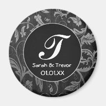 Monogram Initial Silver Black Damask - Customize Magnet